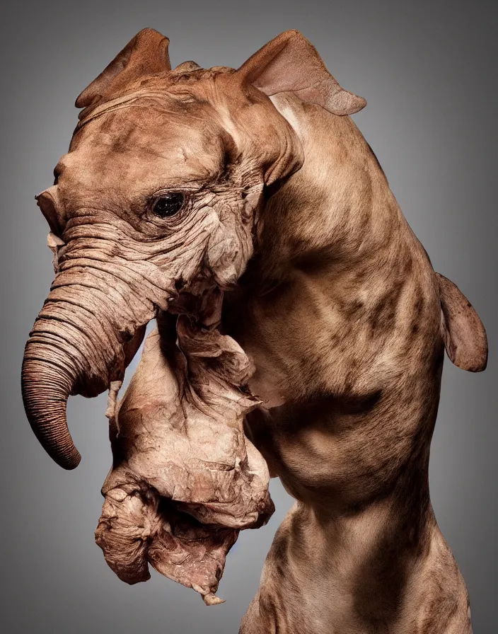 Image similar to high resolution photo portrait of muscular animal human merged head skin ears, background removed, scales skin dog, cat merged elephant head cow, chicken face morphed fish head, gills, horse head animal merge, morphing dog head, animal eyes, merging crocodile head, anthropomorphic creature