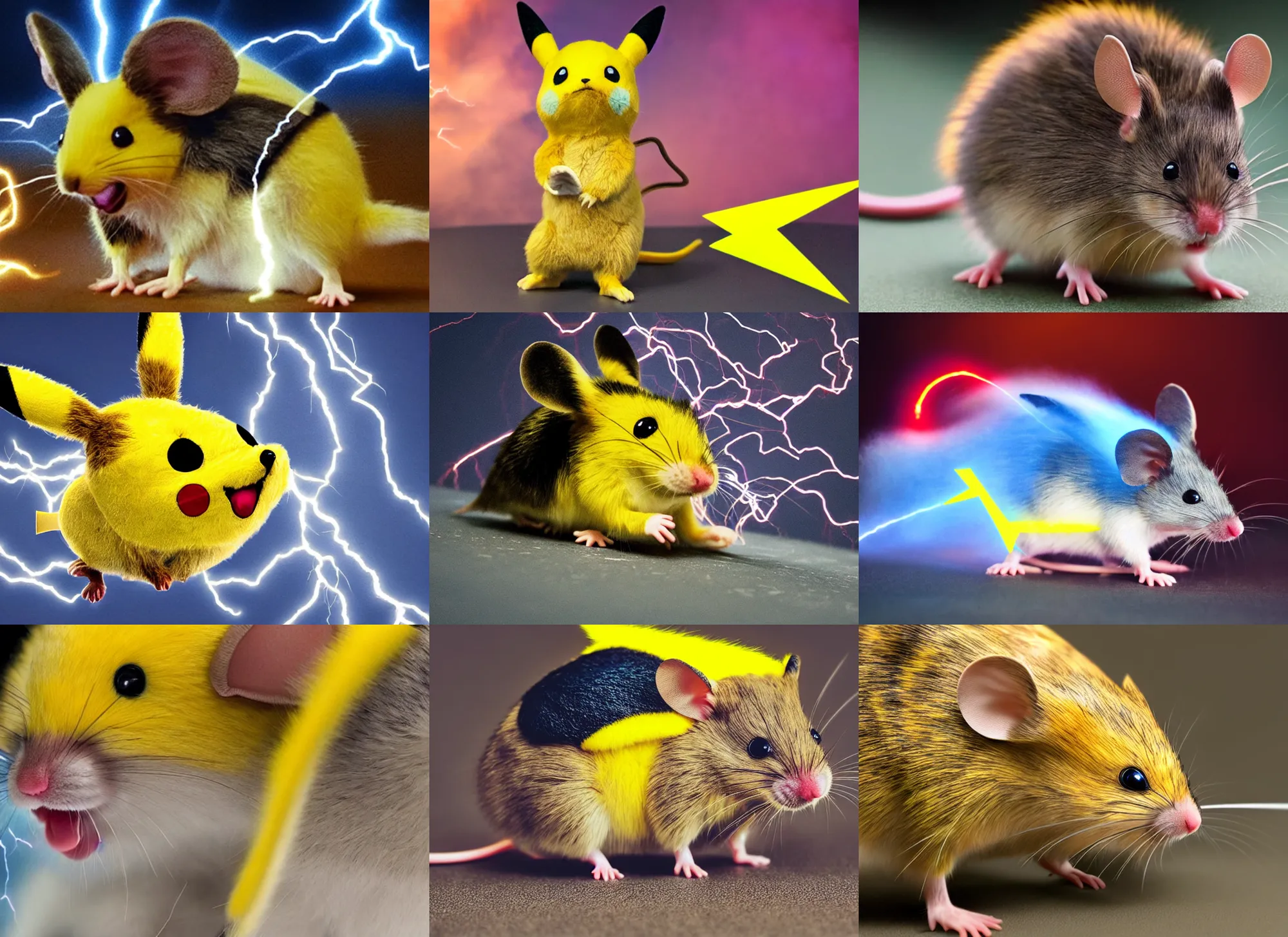 Image similar to a photo of a mouse with pikachu - colored fur and lightning bolts coming out of its cheeks