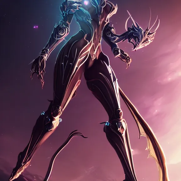 Image similar to highly detailed giantess shot exquisite warframe fanart, looking up at a giant 500 foot tall beautiful stunning saryn prime female warframe, as a stunning anthropomorphic robot female dragon, looming over you, dancing elegantly over you, your view upward between the legs, white sleek armor with glowing fuchsia accents, proportionally accurate, anatomically correct, sharp robot dragon paws, two arms, two legs, camera close to the legs and feet, giantess shot, upward shot, ground view shot, leg and thigh shot, epic low shot, high quality, captura, realistic, professional digital art, high end digital art, furry art, macro art, giantess art, anthro art, DeviantArt, artstation, Furaffinity, 3D realism, 8k HD octane render, epic lighting, depth of field