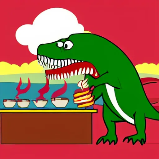 Prompt: a cartoon t - rex eating a hot dog