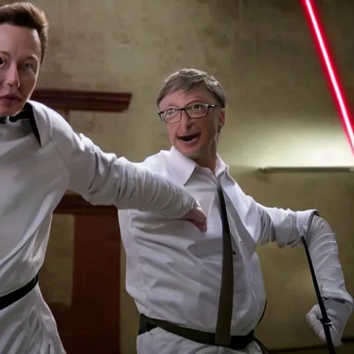 Image similar to film still of elon musk dueling bill gates with a fencing saber, epic cinematic