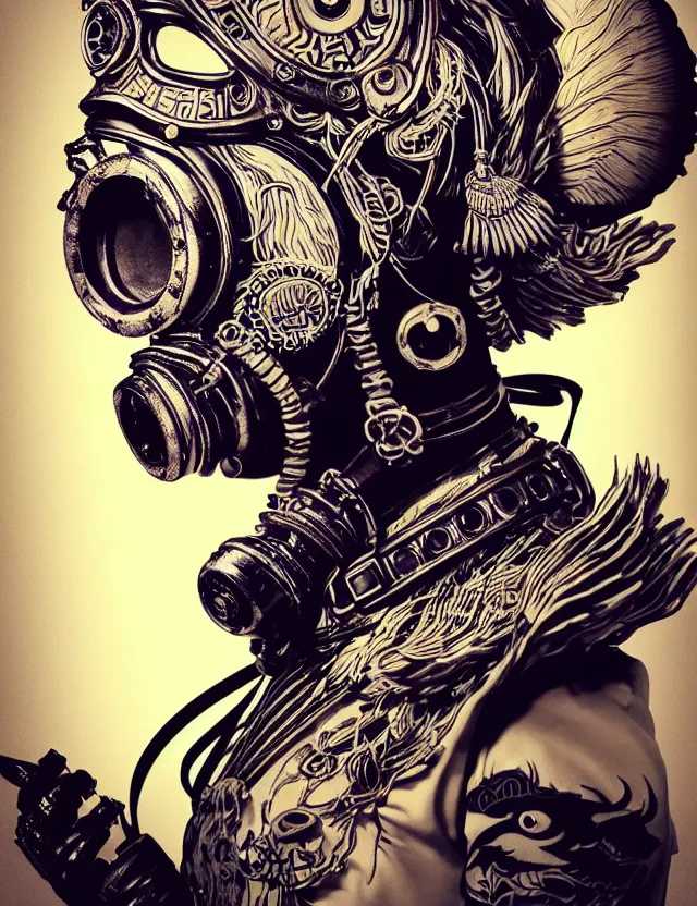 Image similar to 3 d goddess close - up profile punk portrait with vintage gas mask ram skull. beautiful intricately detailed japanese crow kitsune mask and clasical japanese kimono. betta fish, jellyfish phoenix, bio luminescent, plasma, ice, water, wind, creature, artwork by tooth wu and wlop and beeple and greg rutkowski