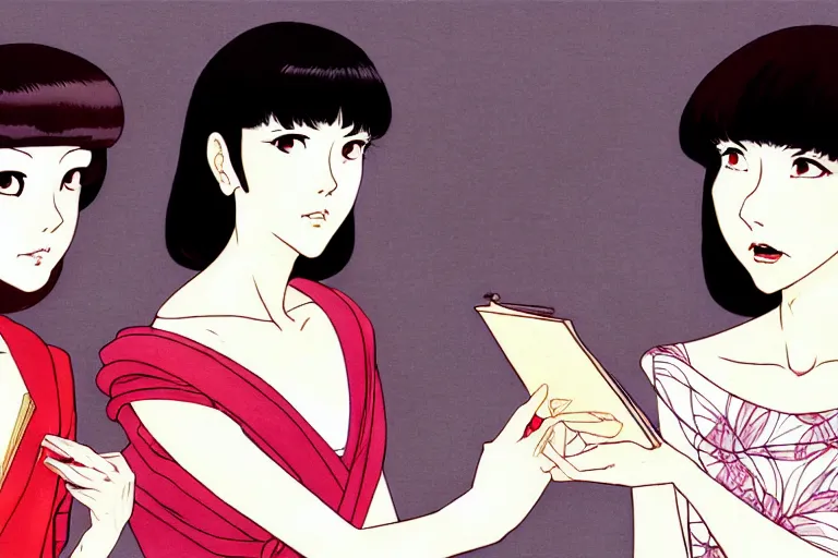 Prompt: portrait of two wise and very beautiful women discussing some texts appearing in a computer screen, art by satoshi kon, intricate, elegant, highly detailed, smooth, sharp focus, artstation