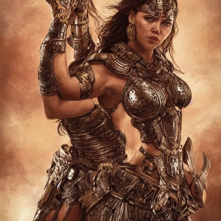 Image similar to scarlett johannson as an amazon warrior, a tall beautiful woman with brown skin and long hair, dressed in hellenistic body armor, intricate, elegant, highly detailed, smooth, sharp focus, detailed face, art by ardian syaf