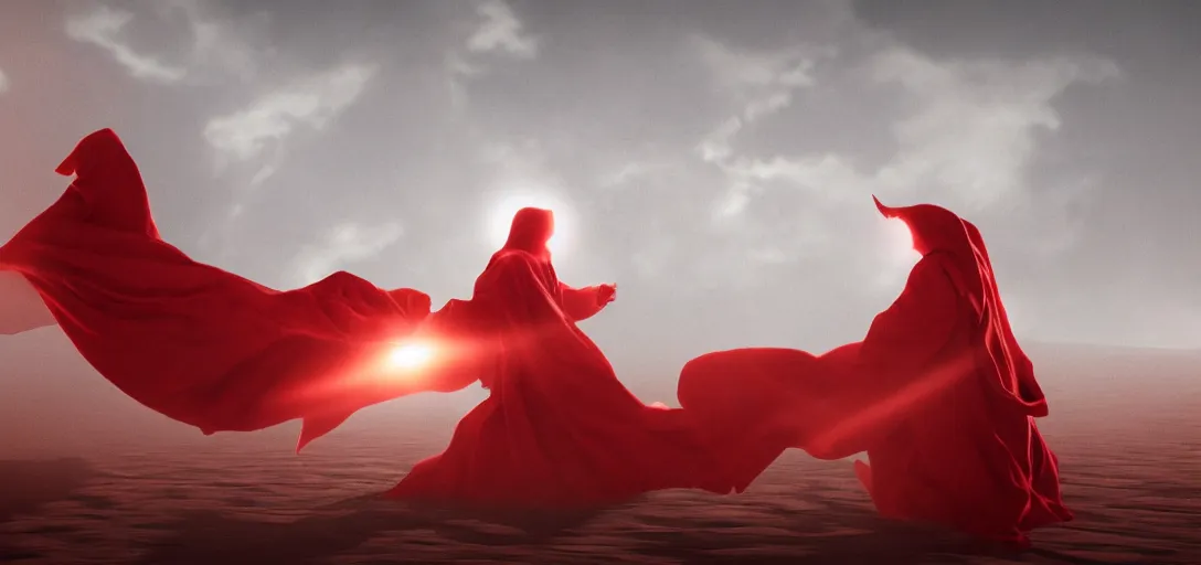 Prompt: an evil demon wearing red robes fighting an angel wearing white robes in a desert, luminescent eyes, sunny weather, rendered in octane, realistic, 8 k, vivid, intricate, detailed, mist, fog, dramatic light
