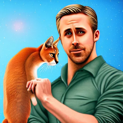 Image similar to Ryan Gosling holds a caracal cat in his hands against the backdrop of the Eiffel Tower, ultra highly detailed, smooth, sharp focus, digital art, digital painting, fan art, elegant, artstation