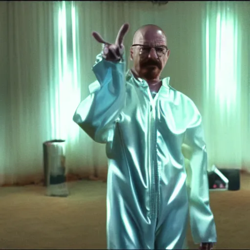 Image similar to A still of Walter White wearing a disco suit in Saturday Night Fever