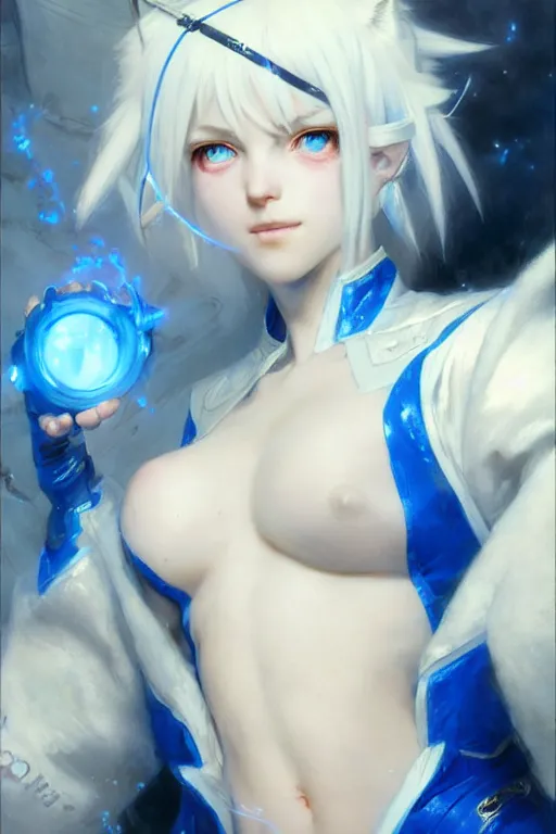 Image similar to white haired catgirl with bright blue eyes in a plugsuit portrait dnd, painting by gaston bussiere, craig mullins, greg rutkowski, yoji shinkawa