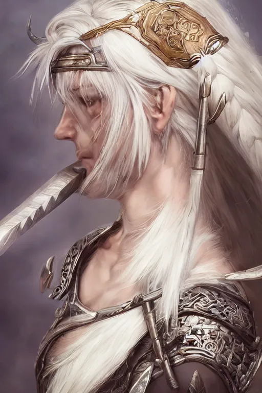 Image similar to A realistic anime portrait of a beautiful white haired female barbarian wearing an intricate viking armor, digital painting, by Stanley Artgerm Lau, Sakimichan, WLOP and Rossdraws, digital painting, painterly, Pixiv, Deviantart, golden ratio, rule of thirds, good composition, HD, 8k, award winning, promo art, splash art, rpg, jrpg, dungeons and dragons, DND, trending on ArtStation