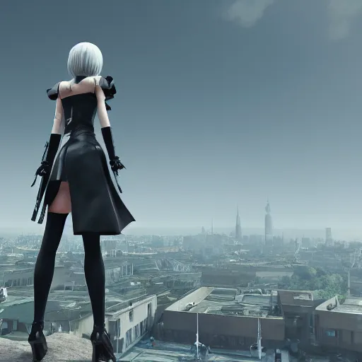 Prompt: 2B nier automata standing on top of a tower, 4k, unreal engine render, trending in artstation, artstationHD, artstationHQ