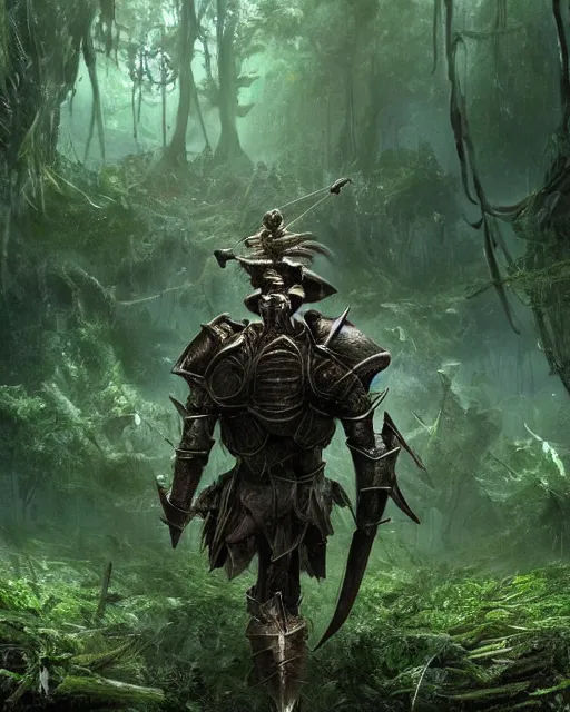 Prompt: a strong knight is walking towards a horrific monster in a densely overgrown, eerie jungle, fantasy, stopped in time, dreamlike light incidence, ultra realistic, award winning picture