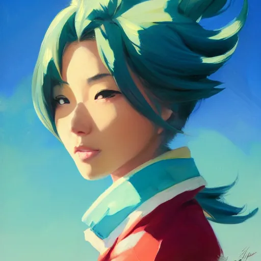 Prompt: greg manchess portrait painting of ayano keiko silica as overwatch character, turquoise hair, medium shot, asymmetrical, profile picture, organic painting, sunny day, matte painting, bold shapes, hard edges, street art, trending on artstation, by huang guangjian and gil elvgren and sachin teng