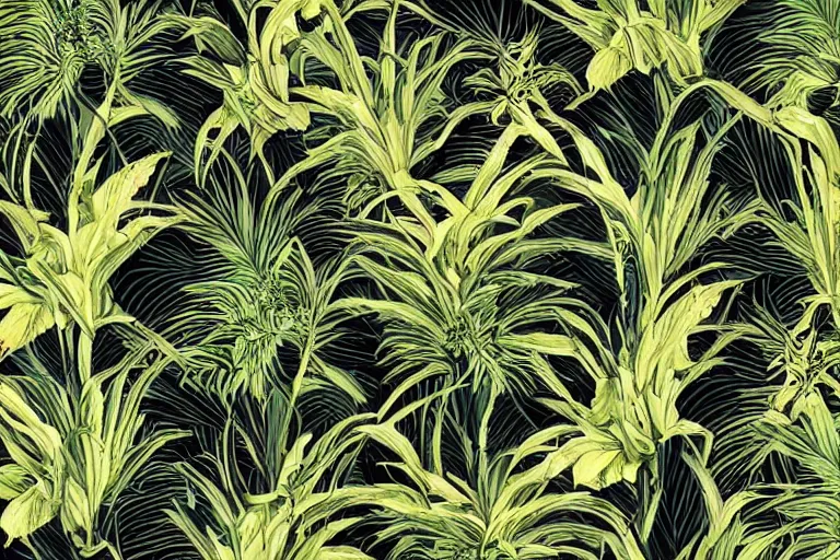 Prompt: photorealistic print of exotic, elegant tropical prints, isolated in a black background : : green surreal plants, golden flowers, art nouveau, desaturate, trending on artstation