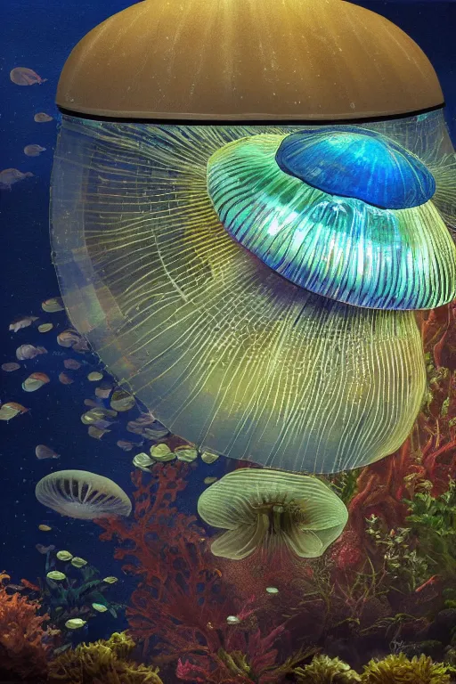 Image similar to a beautiful painting of a cylindrical moon jellyfish tank in an aquarium, ray of light, shimmering and prismatic, rococo, highly detailed, trending on artstation.