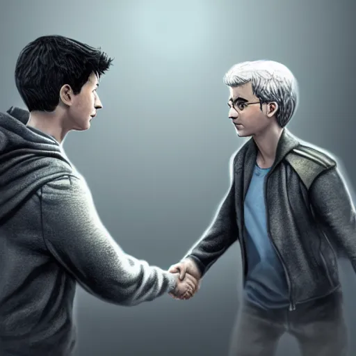 Prompt: Harry Potter and Percy Jackson shaking hands, digital art, art station, high quality, beautiful render, aesthetic