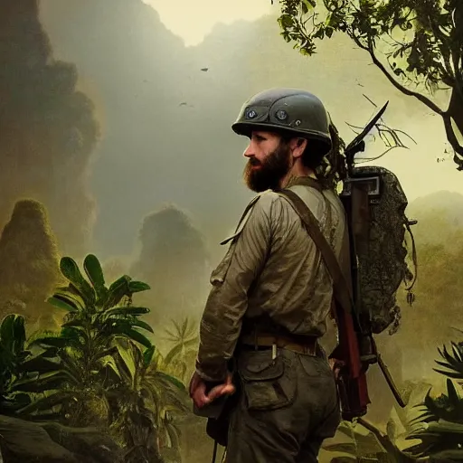 Image similar to an extremely detailed matte painting of a ridiculously good looking mimi mathy that looks like a jewish gigachad in the vietnam war, wearing a ballistic helmet from patton, long curly hair, camouflaged gear, very detailed, jungles of vietnam beautiful, intricate, cinematic, artstation, william bouguereau, alphonse mucha, greg rutkowski, stanley kubrick, octane render