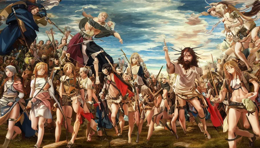 Image similar to jesus christ our lord leading an army of anime girls into battle, photorealistic, anime, mini skirt, long hair, renaissance painting, hyper real, detailed, wide angle shot, ultra detailed