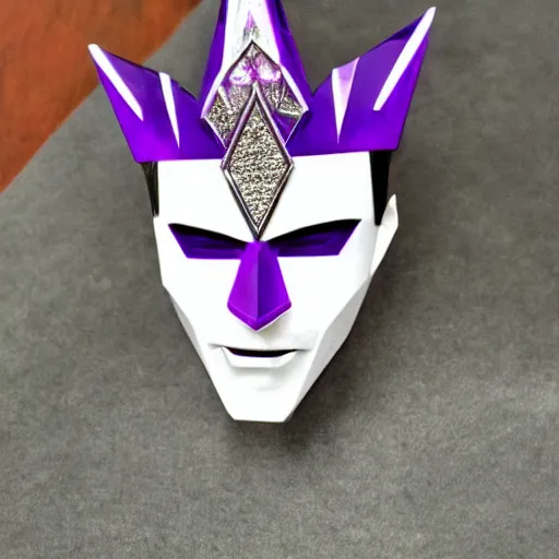 Image similar to decepticon with white face, purple crown, diamond shaped gem in the forehead