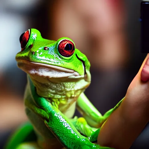 Prompt: super cute smiling green tree frog wearing a ballroom gown, taking a selfie on a fashion show, photo realistic, matte image