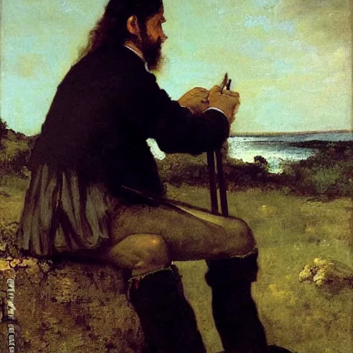 Image similar to a painter sits pensively selling his paintings. created by gustave courbet.