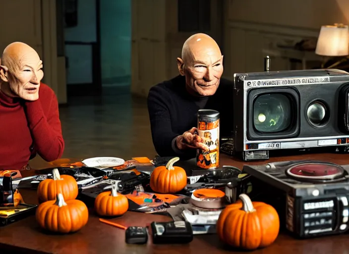 Image similar to a scene from a 2 0 2 0 s halloween kills, patrick stewart is eating from a can of beans, vhs distortion, cathode ray tube distortion, folk horror, hauntology, 8 k, 8 5 mm f 1. 8, studio lighting, rim light, right side key light