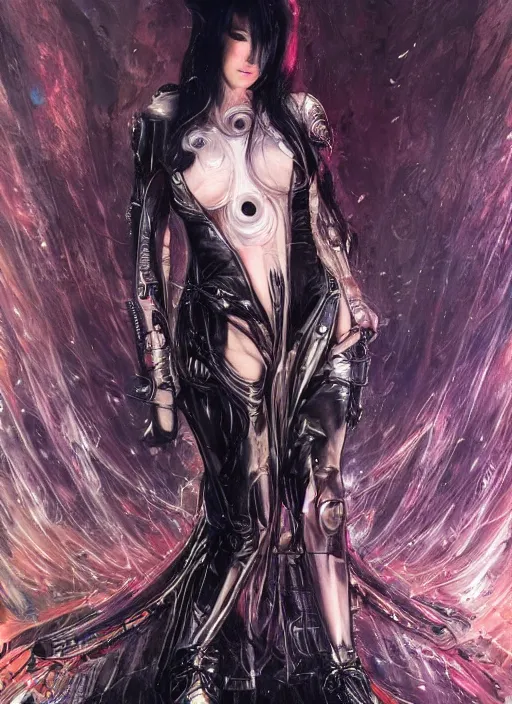 Image similar to a full body beautiful woman wearing a cyberpunk outfit by karol bak, ayami kojima, artgerm, sakimichan, hr giger, blue eyes, weapons, electronics, high tech, cyber wear, latex dress, bandage, concept art, fantasy, cyberpunk