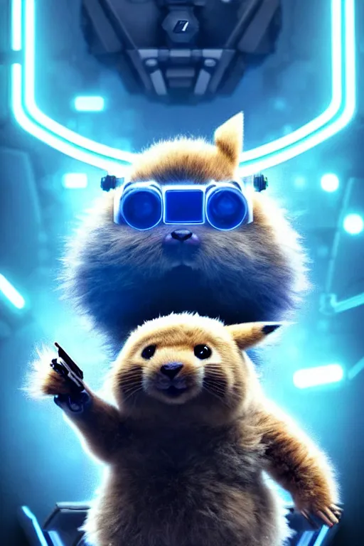 Image similar to high quality video game sci - fi very cute fluffy! wombat!! cyborg soldier with futuristic mechanical parts, cyberpunk monocle!, highly detailed, unreal engine cinematic smooth, in the style of detective pikachu, hannah yata charlie immer, dark blue neon light, low angle, uhd 8 k, sharp focus