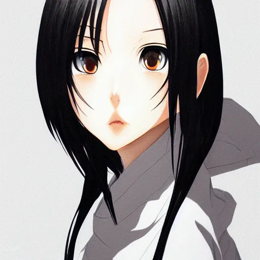 Image similar to portrait of beautiful symmetrical anime girl, black hair, attractive, casual, modern, highly detailed, digital painting, smooth, sharp focus, illustration, art by arco wada, 8 k,