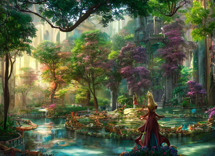 Prompt: A wide open courtyard in a beautiful, colorful elven city made of ivory, saturated colors, no haze, anime, lush trees, fountain, a fantasy digital painting by James Gurney, trending on Artstation, highly detailed