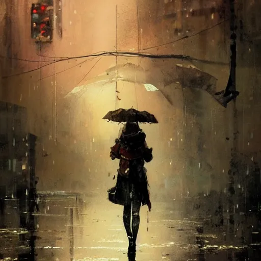 Image similar to A tiger walking in the rain, cinematic lighting, dramatic atmosphere, by Dustin Nguyen, Akihiko Yoshida, Greg Tocchini, Greg Rutkowski, Cliff Chiang, 4k resolution, trending on artstation,1900s