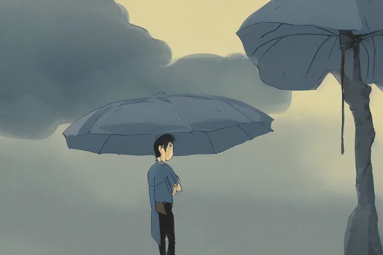 Prompt: A cell animation of a depressed man standing in the rain, Miyazaki Hayao, ghibli style, chin chan, illustration, azure tones, vintage colors, anime, trending on artstation