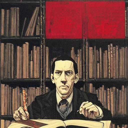 Prompt: portrait of hp lovecraft in a library, hanafuda oil on canvas by ivan shishkin, james jean and yoji shinkawa