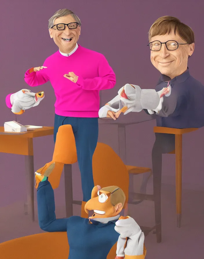 Image similar to candid 90s photoshoot of bill gates evil sock puppet wearing a pink sweater, dynamic lighting, photorealistic, stunning visuals, creative, cinematic, ultra detailed, trending on art station