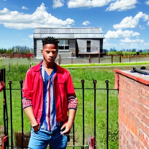 Image similar to Young man standing looking to the right in a red bandana, blue striped shirt, gray vest and a gun with a partly cloudy sky in the background. The young man is standing in front of an iron fence. Photograph. Real life