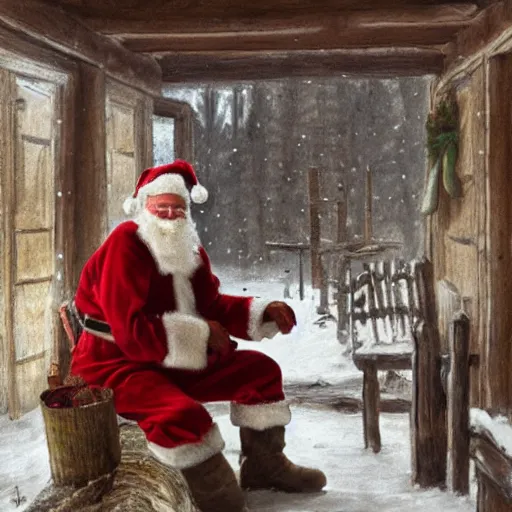 Image similar to santa inside a rustic barn, in the style of anders zorn