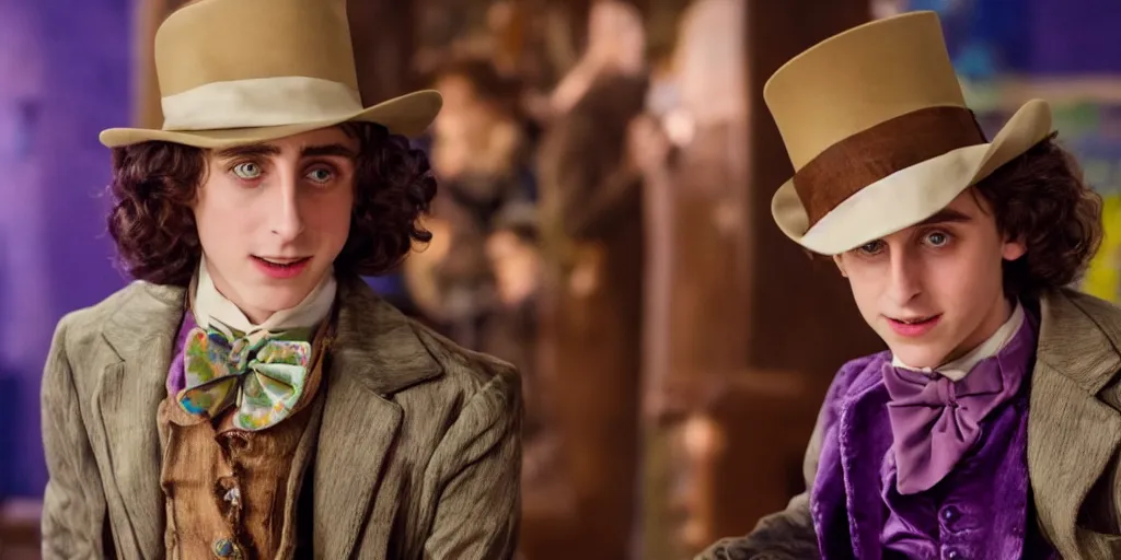 Image similar to film still of Timothée Chalamet as Willy Wonka in new Willy Wonka movie, 4k