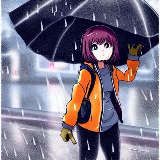 Image similar to a cute anime cyborg - girl wearing a cat hoodie walking in the rain