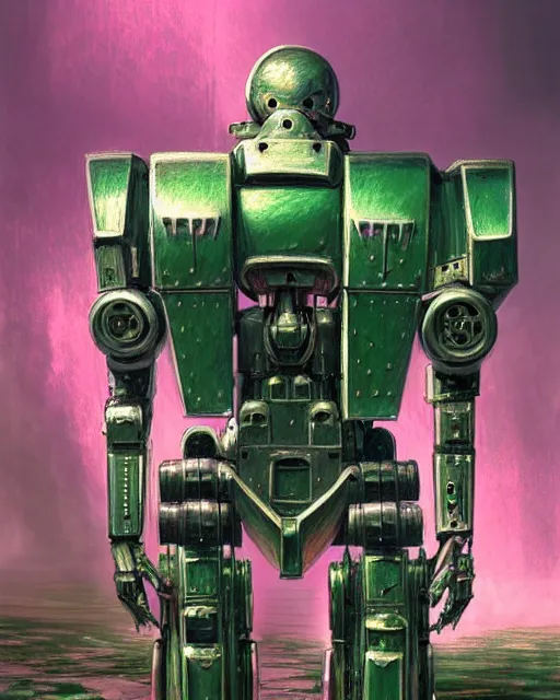 Image similar to hyperrealistic hyperdetailed medieval mecha iridescent pink covered in medieval type battle war concept art santiago caruso de chirico sharp very dramatic green light 8k low angle shallow depth of field