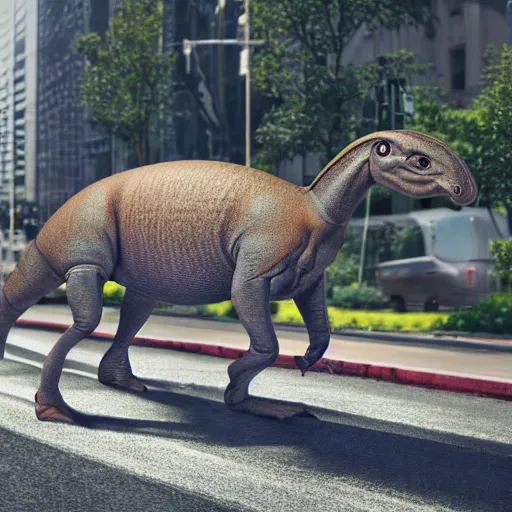 Image similar to realistic phitograph of parasaurolophus in the middle of a bussy street