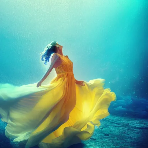 Image similar to beautiful realistic woman dancing underwater wearing a flowing dress made of blue, magenta, and yellow seaweed, delicate coral sea bottom, swirling silver fish, swirling smoke shapes, octane render, caustics lighting from above, cinematic