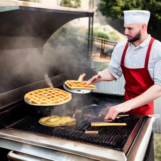 Image similar to wafflehouse restaurant cook smoking a cigarette while cooking food on a flat top grill