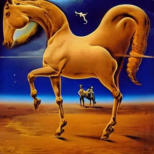 Prompt: a horse in the sky, an astronaut on the ground, by dali