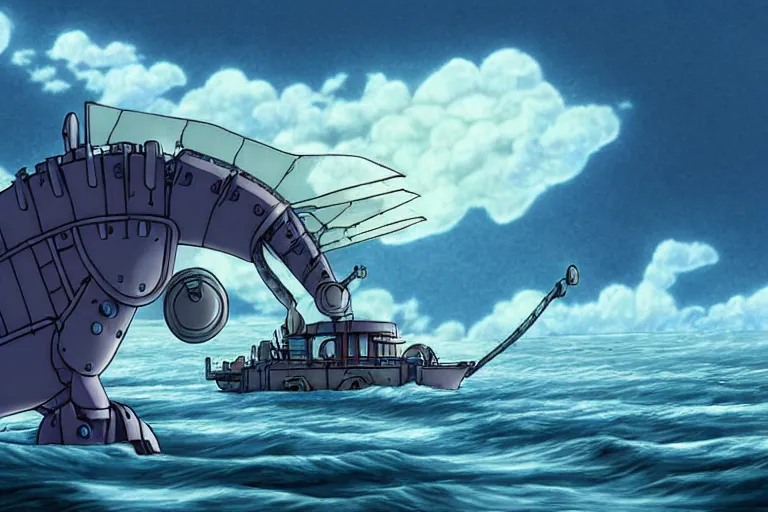 Image similar to cell shaded cartoon of a giant mechanized grey seahorse from howl's moving castle ( 2 0 0 4 ), floating above an icy river, full body, wide shot, very muted colors, post grunge, studio ghibli, highly detailed, deviantart, art by artgem