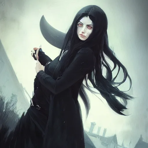 Image similar to female human vampire witch in the style of greg rutkowski, makoto shinkai, trending on artstation, character design, concept art, pretty face, highly detailed, long black hair, portrait, digital art