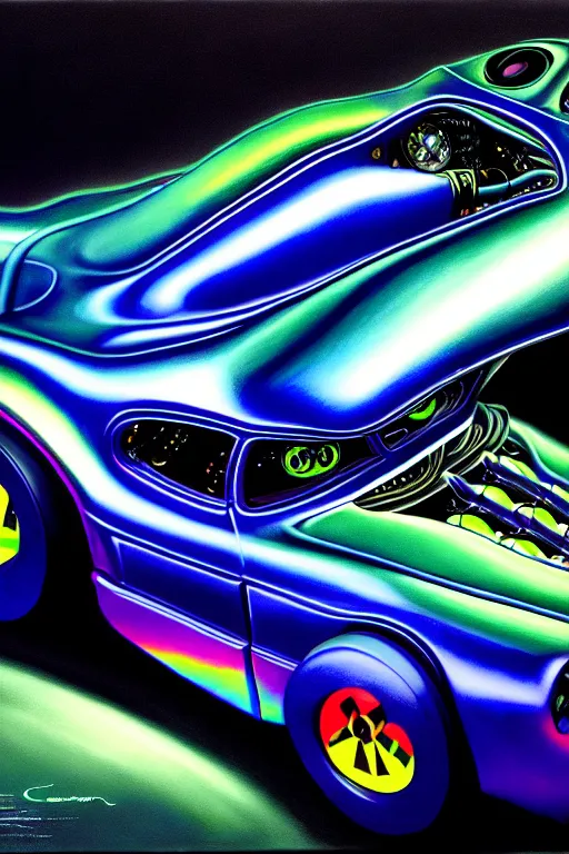 Image similar to a hyperrealistic detailed painting of a super futuristic iridescent halloween hotrod race car. cinematic lighting, depth perspective, depth of field, cinematic angle, by chris cunningham and richard corben, highly detailed, vivid color,