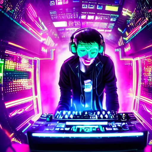 Image similar to A rave takin place in a cyberpunk setting with a computer being the main DJ