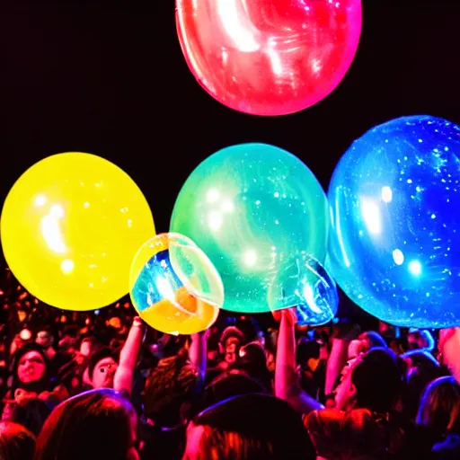 Image similar to concert photography where fans are all in plastic bubbles hyper realistic colorful light