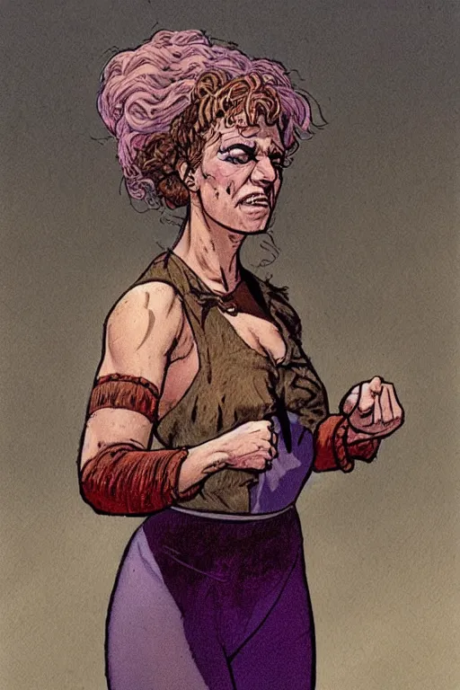 Prompt: maria. Smug old west circus wrestler. concept art by James Gurney and Mœbius.