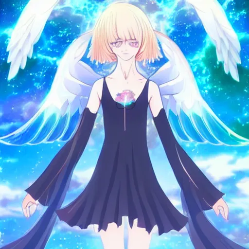Image similar to A beautiful, angelic anime guru with wings of crystal in the style of Lustrous, character design, illustrated anime, highly detailed, HD,