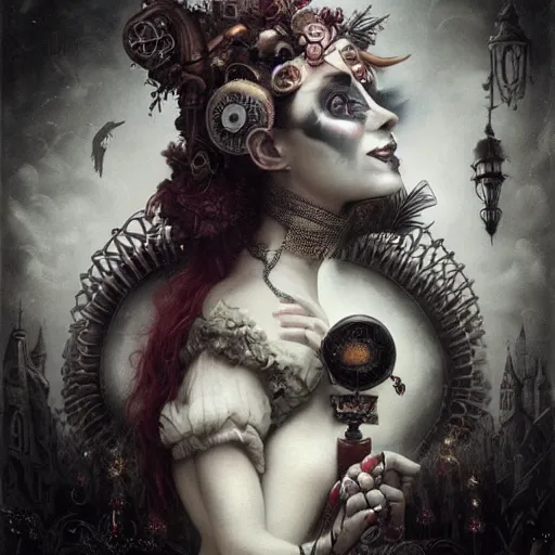 Image similar to By Tom Bagshaw, ultra realist soft painting of a curiosities carnival by night, Female steampunk Clown in full gothic dress, horror, omnious sky, symmetry accurate features, very intricate details, black and white, volumetric light clouds